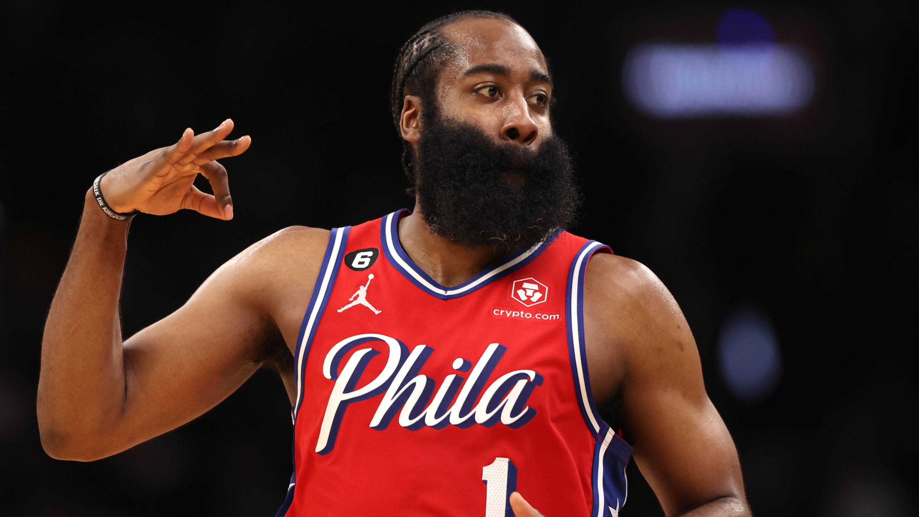 BOSTON, MASSACHUSETTS - MAY 01: James Harden #1 of the Philadelphia 76ers celebrates after hitting a three point shot during the second half against the Boston Celtics in game one of the Eastern Conference Second Round Playoffs at TD Garden on May 01, 2023 in Boston, Massachusetts. The 76ers defeat the Celtics 119-115. NOTE TO USER: User expressly acknowledges and agrees that, by downloading and or using this photograph, User is consenting to the terms and conditions of the Getty Images License 