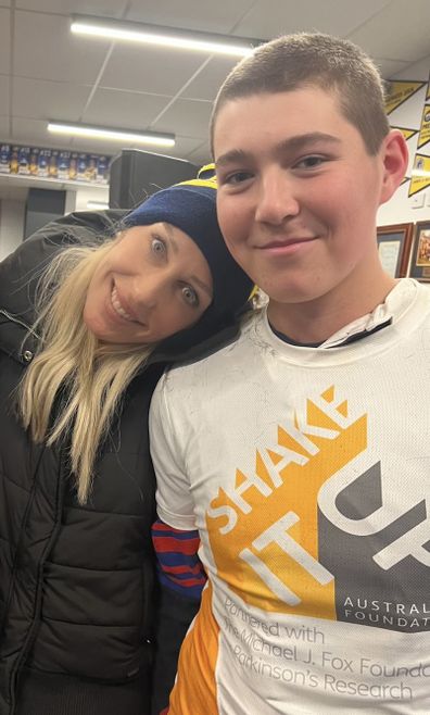 Kylie Christian with her eldest son Jack, 17, wearing a Shake It Up shirt.