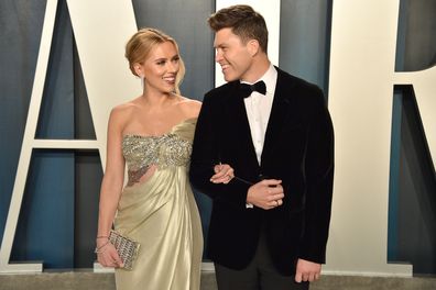 Scarlett Johansson and Colin Jost attend the 2020 Vanity Fair Oscar Party at Wallis Annenberg Center for the Performing Arts on February 09, 2020 in Beverly Hills, California. 