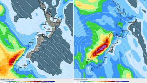 A spate of heavy rainfall is expected to hit New Zealand's south island on Sunday (left) and Monday (Right) (Weatherzone).