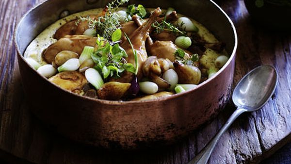 Slow-braised rabbit with roasted onions and buckwheat polenta