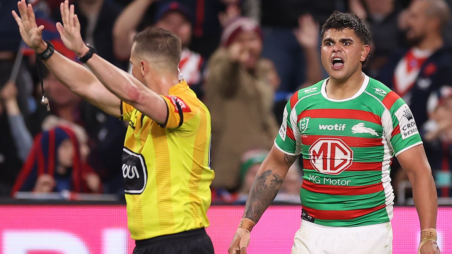 Latrell Mitchell of the Rabbitohs is sent to the sin-bin by referee Grant Atkins during the round 25 clash with the Roosters.