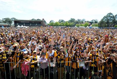 The cheers were defeaning as the 22 Hawks players were presented on stage.