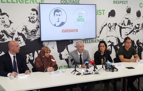 Professional Footballers Australia Chief Executive John Didulica, Fatima Yazbek from the Gulf Institute for Democracy and Human Rights, former Socceroo Craig Foster, Diana Sayed from Amnisty International and former Socceroo Rodrigo Vargas speak to media at the weekend.