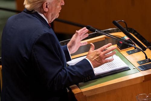 President Donald Trump gestures with his hands as he addresses the 80th session of the United Nations General Assembly.