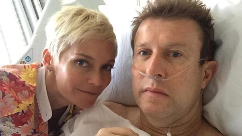 Nine News presenter Peter Overton supported by wife Jessica Rowe following spinal surgery