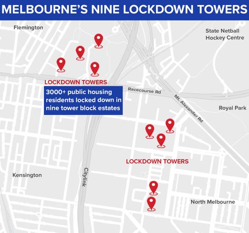 Map showing location of Melbourne towers in hard lockdown.