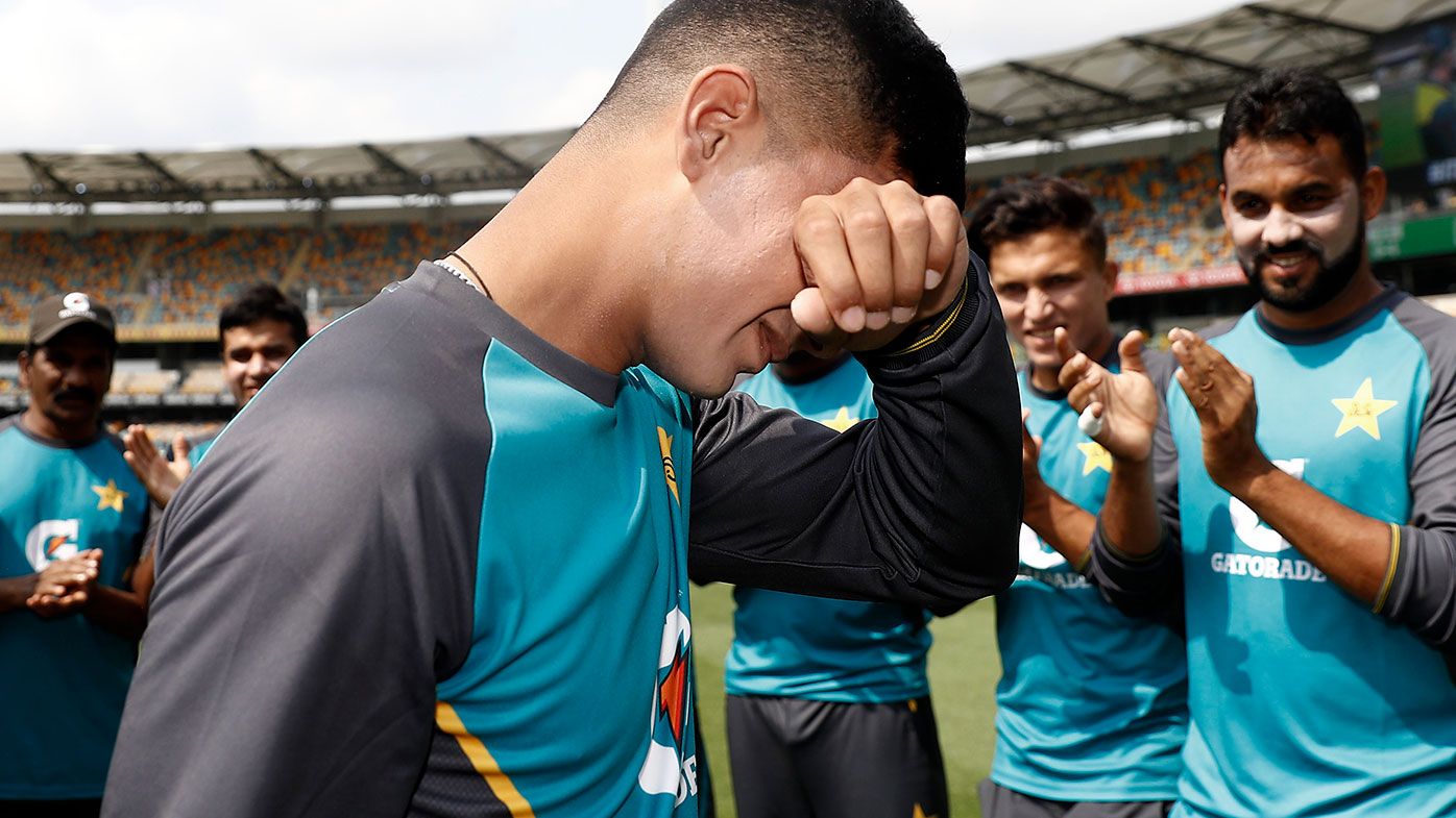Naseem Shah fights back tears after being presented with his first Test cap.