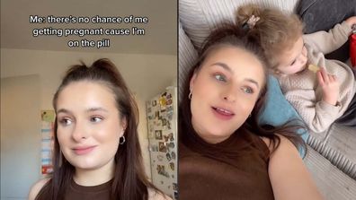 Left: Mum facing camera with caption "Me: There's no chance of me getting pregnant cause I'm on the pill." Right: Mum lying next to daughter.