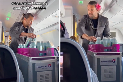 Aquaman star Jason Mamoa has shocked passengers by posing as a flight attendant and handing out water on a Hawaiian Airlines flight.