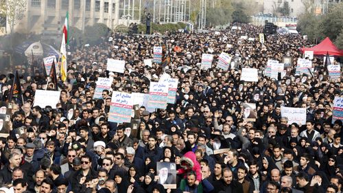 Thousands of Iranians take to the streets to mourn the death of Iranian Revolutionary Guards Corps (IRGC) Lieutenant general and commander of the Quds Force Qasem Soleimani during an anti-US demonstration