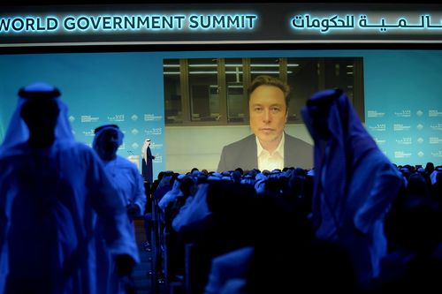 Elon Musk talks virtually to UAE Minister of Cabinet Affairs Mohammad Al Gergawi during the World Government Summit in Dubai, United Arab Emirates, Wednesday, Feb 15, 2023.