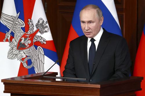 Президент России Владимир Путин выступает во время встречи с высокопоставленными военными в Москве, Россия, в среду, 21 декабря 2022 года.  