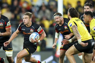 Cortez Ratima of the Chiefs on attack during the Super Rugby Pacific semi-final match.