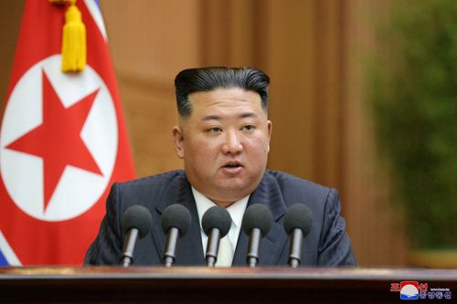 North Korea's leader Kim Jong Un addresses the Supreme People's Assembly, North Korea's parliament.