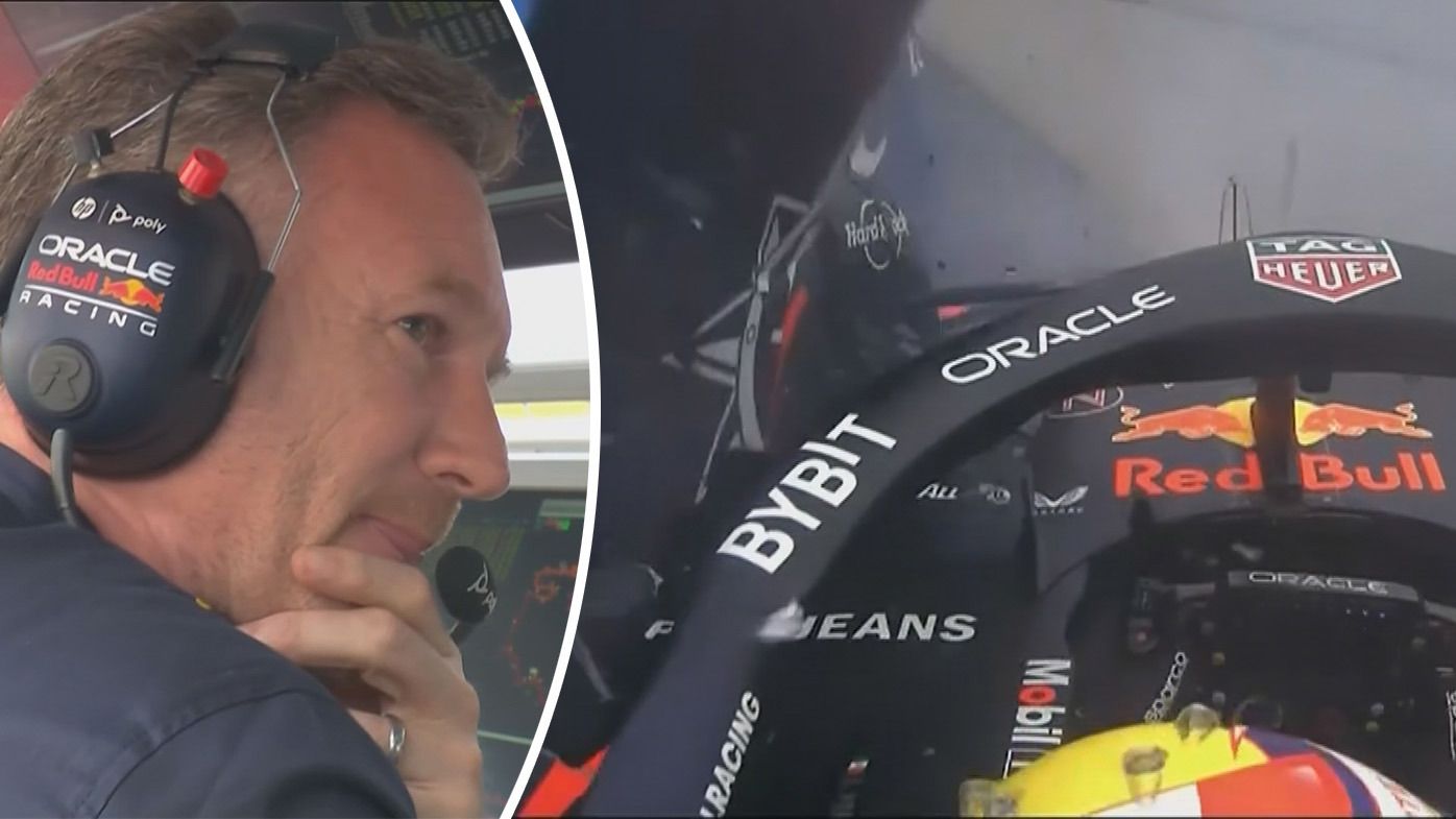 Christian Horner reacts after Sergio Perez crash in the opening part of qualifying for the Hungarian Grand Prix.