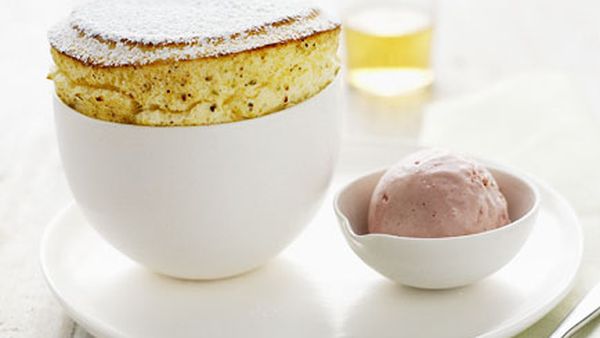 Lime souffle with raspberry ice-cream