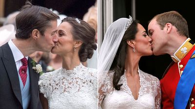 6. Pippa and Kate share a kiss with their new husbands.