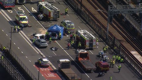 NSW Police said initial inquiries suggest one car headed northbound veered into the southbound lane, causing an initial crash that caused several other cars to collide, including a bus at about 1.40pm. 