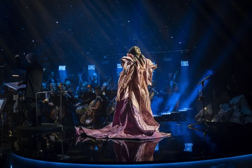 Ukrainian singer Jamala sings during the final rehearsal at the State Opera House in central Kiev on Friday, May 5, 2023. Jamala won the Eurovision Song Contest in 2016 with a song about the deportation of Crimean Tatars. 