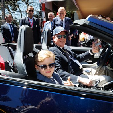 Prince Albert II of Monaco and his son Prince Jacques at the F1 Grand Prix of Monaco on May 25, 2025 in Monaco, Monaco.