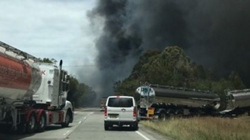 The national motorway was closed in both directions as emergency services responded to a truck fire (Supplied).