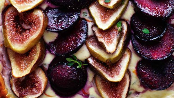 Fig, plum and ricotta tart