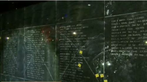 The Police Wall of Remembrance at the Domain in Sydney was vandalised yesterday afternoon. (9NEWS)