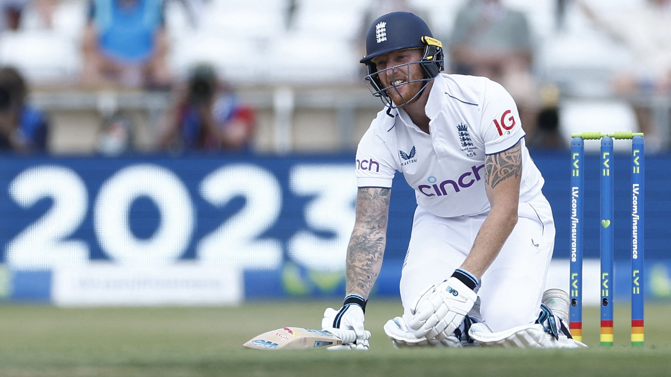 England&#x27;s Ben Stokes reacts after being hit by a ball bowled by Australia&#x27;s Mitchell Starc.