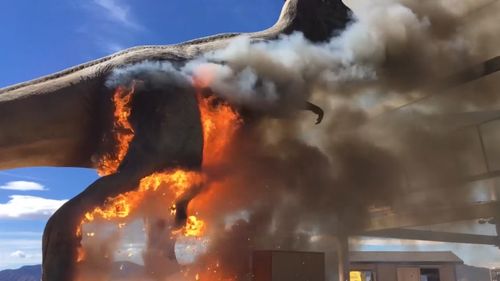 The dinosaur, which was at the Royal Gorge Dinosaur Experience in Colorado smouldered for 10 minutes before bursting into flames and offering park visitors an incredible sight to witness. Picture: ZACH REYNOLDS/ROYAL GORGE DINOSAUR EXPERIENCE.