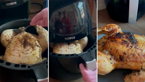 Spliced image of three screen grabs from TikTok video of woman attempting to air fry a whole chicken, each a different stage of the video: before cooking whole chicken, during the process, and the result.