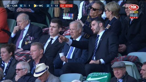 Mr Biden sat in the stands with two American players - Blues rookie Matt Korcheck (right) and Collingwood’s Mason Cox - as well as Foreign Minister Julie Bishop. (Fox Footy)