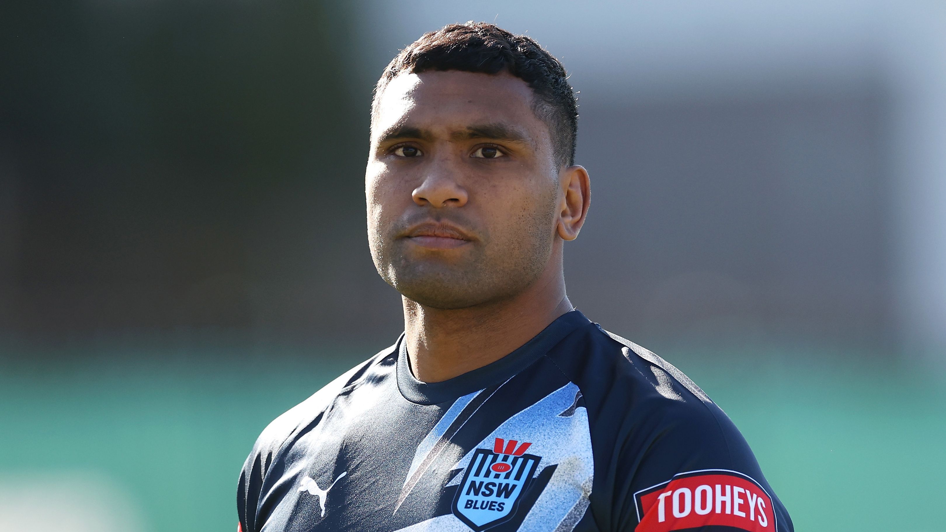 Tevita Pangai Junior looks on during a New South Wales Blues State of Origin training session at Coogee Oval.