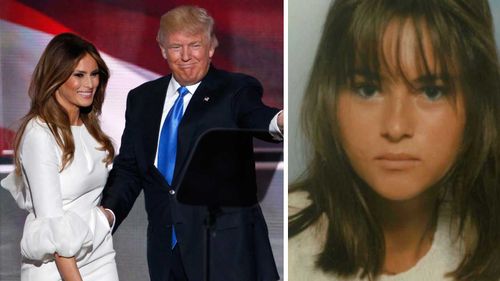 Melania Trump with husband Donald, alongside a photo from her younger fashion days. (AP)