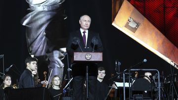 Russian President Vladimir Putin speaks during an event to mark the 80th anniversary of the World War II Battle of Kursk at a memorial in the village of Ponyri, near Kursk, Russia, Wednesday, Aug. 23, 2023.  