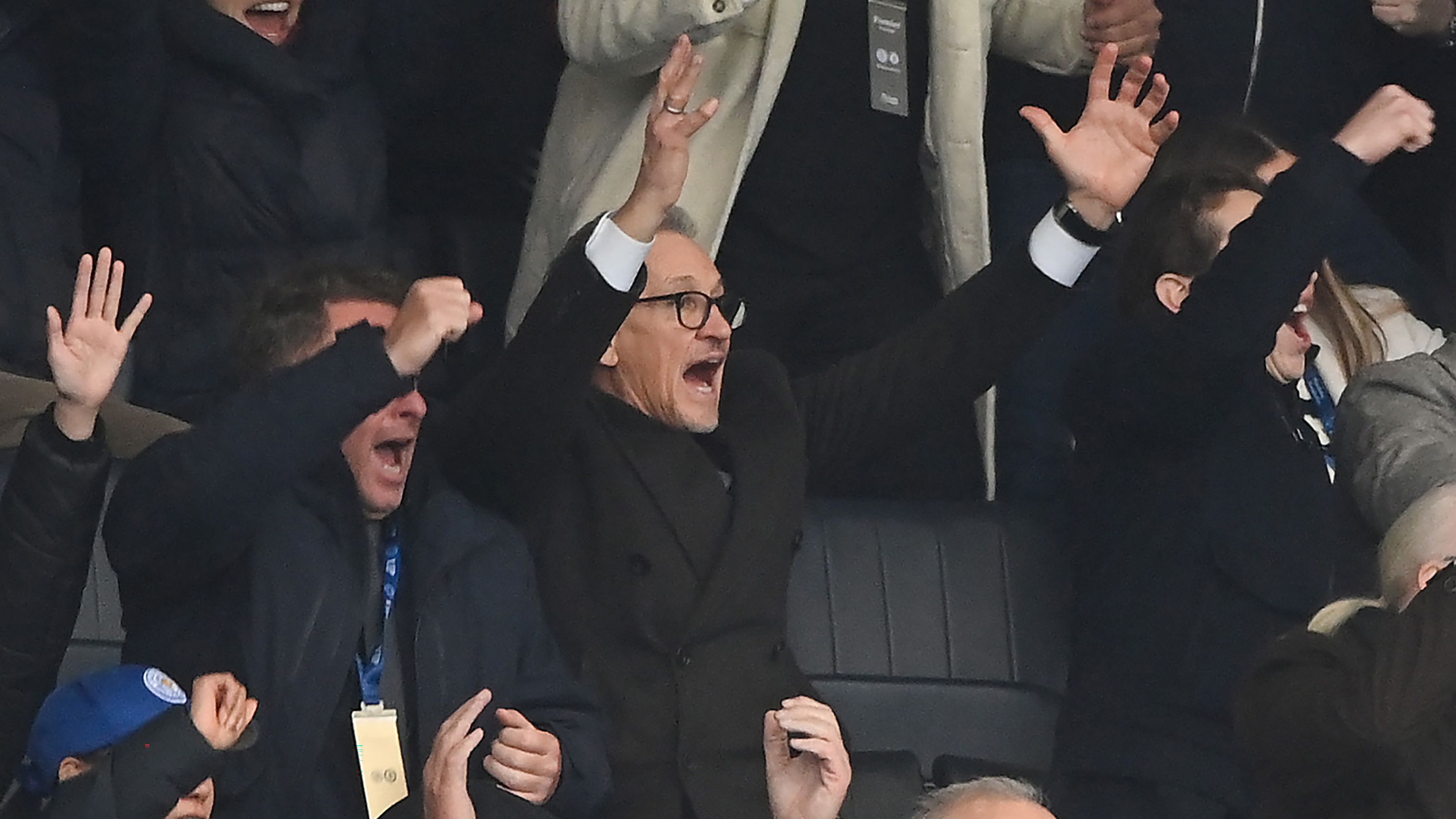 Gary Lineker celebrates after Leicester City scored.