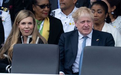 Boris Johnson and Carrie Johnson attend the Platinum Pageant on The Mall on June 5, 2022 in London, England.