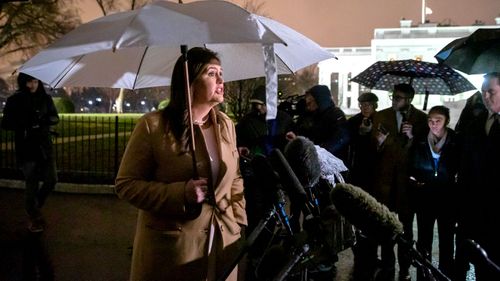 White House Press Secretary Sarah Huckabee Sanders speaks to the press outside the West Wing of the White House in Washington, DC.