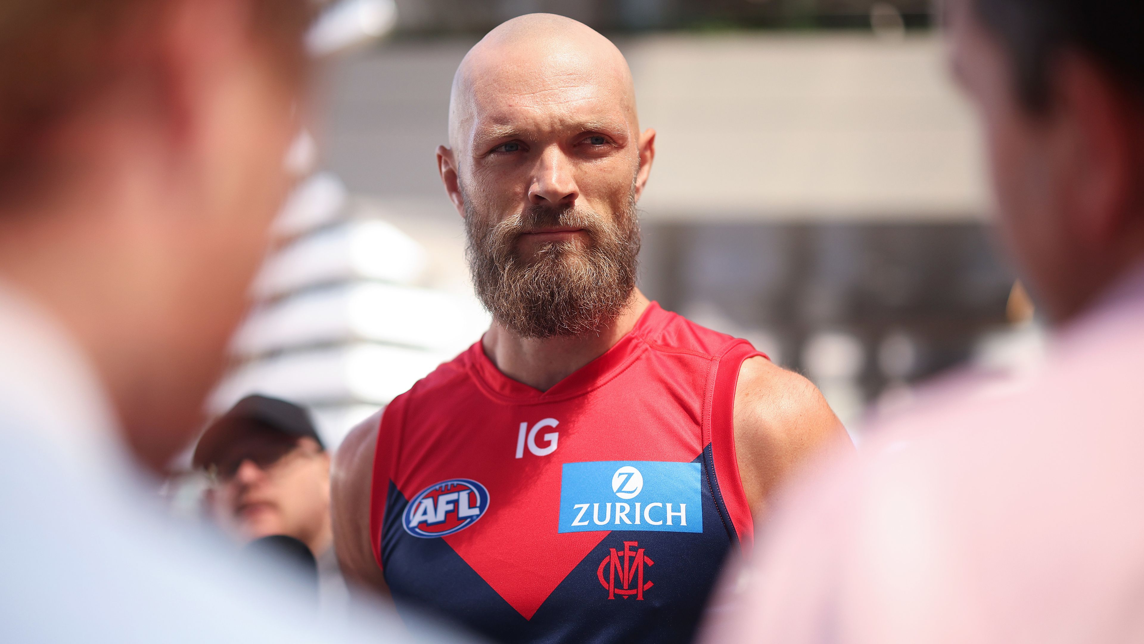 Max Gawn of the Demons speaks to media during the 2024 AFL captain&#x27;s day.