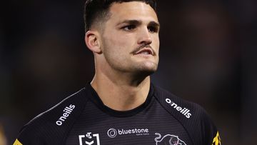 PENRITH, AUSTRALIA - AUGUST 24:  Nathan Cleary of the Panthers warms up during the round 26 NRL match between Penrith Panthers and Parramatta Eels at BlueBet Stadium on August 24, 2023 in Penrith, Australia. (Photo by Mark Metcalfe/Getty Images)