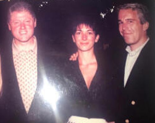 This undated photo released by Democrats on the House Oversight Committee shows former President Bill Clinton, Ghislaine Maxwell and Jeffrey Epstein, with Clinton's signature at the top of the photo.