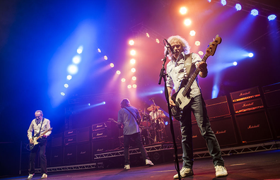 April 2014: Alan Lancaster performs with Status Quo at the Civic Hall in Wolverhampton, UK.