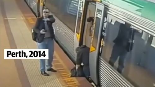 In 2014, a group of commuters rescued a trapped passenger by pushing against a train to free their trapped leg. Picture: 9NEWS