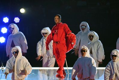 GLENDALE, AZ - FEBRUARY 12: Rihanna performs during the Apple Music Super Bowl LVII Halftime Show at State Farm Stadium on February 12, 2023 in Glendale, Arizona. (Photo by Focus on Sport/Getty Images) *** Local Caption *** Rihanna