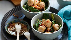Market greens and scallops in XO sauce