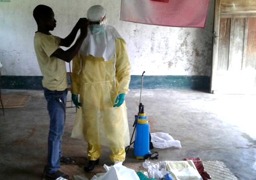 Health workers in protective clothing in Bikoro, the epicenter of the latest Ebola outbreak, in The Democratic Republic Of The Congo (AAP).