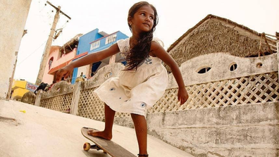 Kamali, 7, is the only girl skateboarder in her village.