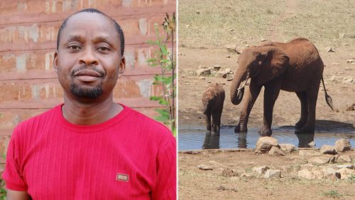 African farmer delivers water to wild animals during drought