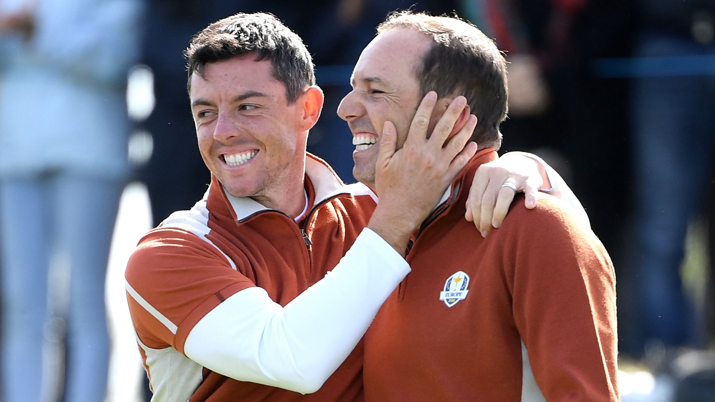 Rory McIlroy and Sergio Garcia of Europe celebrate victory during the morning fourball matches of the 2018 Ryder Cup at Le Golf National on September 29, 2018 in Paris, France. (Photo by Ross Kinnaird/Getty Images)