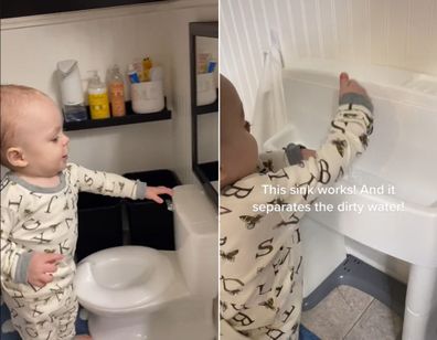 Toddler in his mini bathroom. 